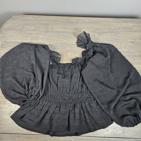 ASTR The Label Top Size XS Black Sparkle V Neck Balloon Sleeve Witchy Peasant - Picture 6 of 6